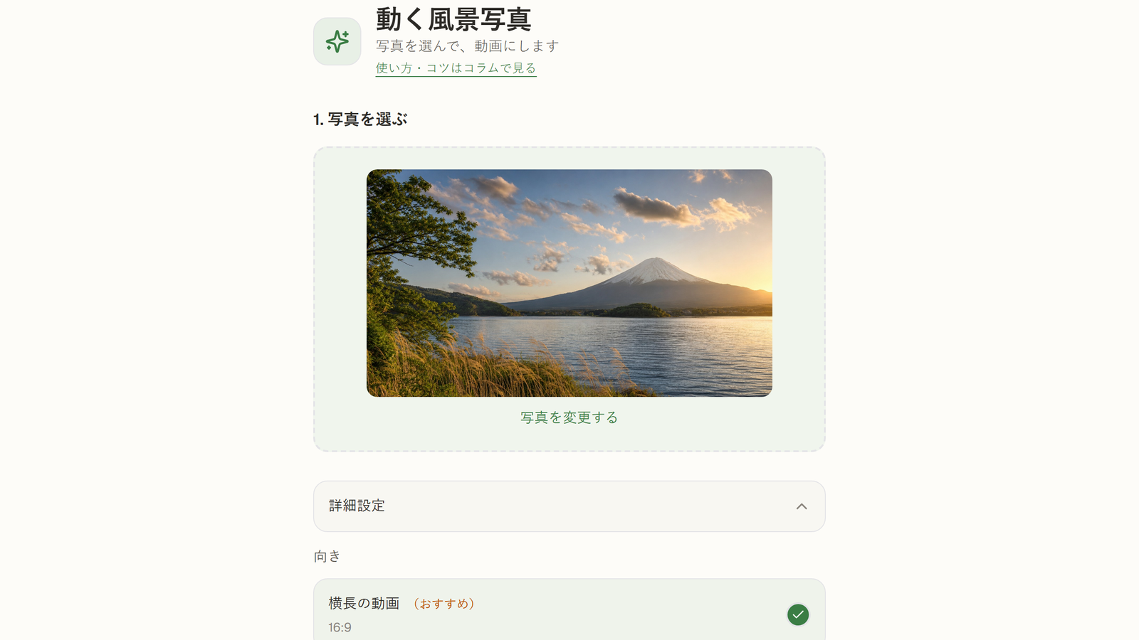 写真をアップロードし、詳細設定を展開した画面